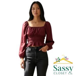 One Clothing LA Burgundy Crop Top – Boat Neck, Long Sleeve – XS – EUC
